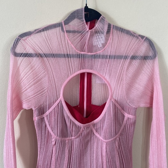 Herve Ledger Pink & Red Layered Sheer Ribbed Bandage Bodycon Tight Dress Small - Picture 4 of 9